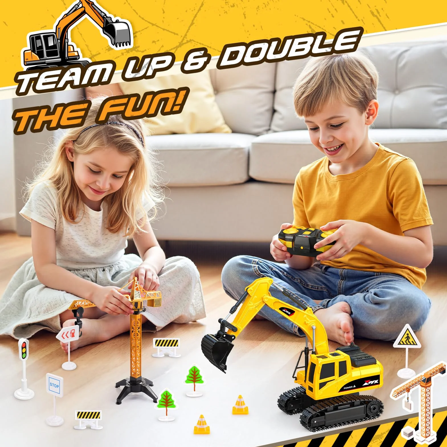 1:24 Pelleteuse Télécommandée pour Enfants 3-9 Ans, Camion Tractopelle Enfant Jouet 2.4GHz avec Grue et Accessoires (Barrières), Exterieur Jouet de Construction, Cadeau d'Anniversaire Noël Enfants