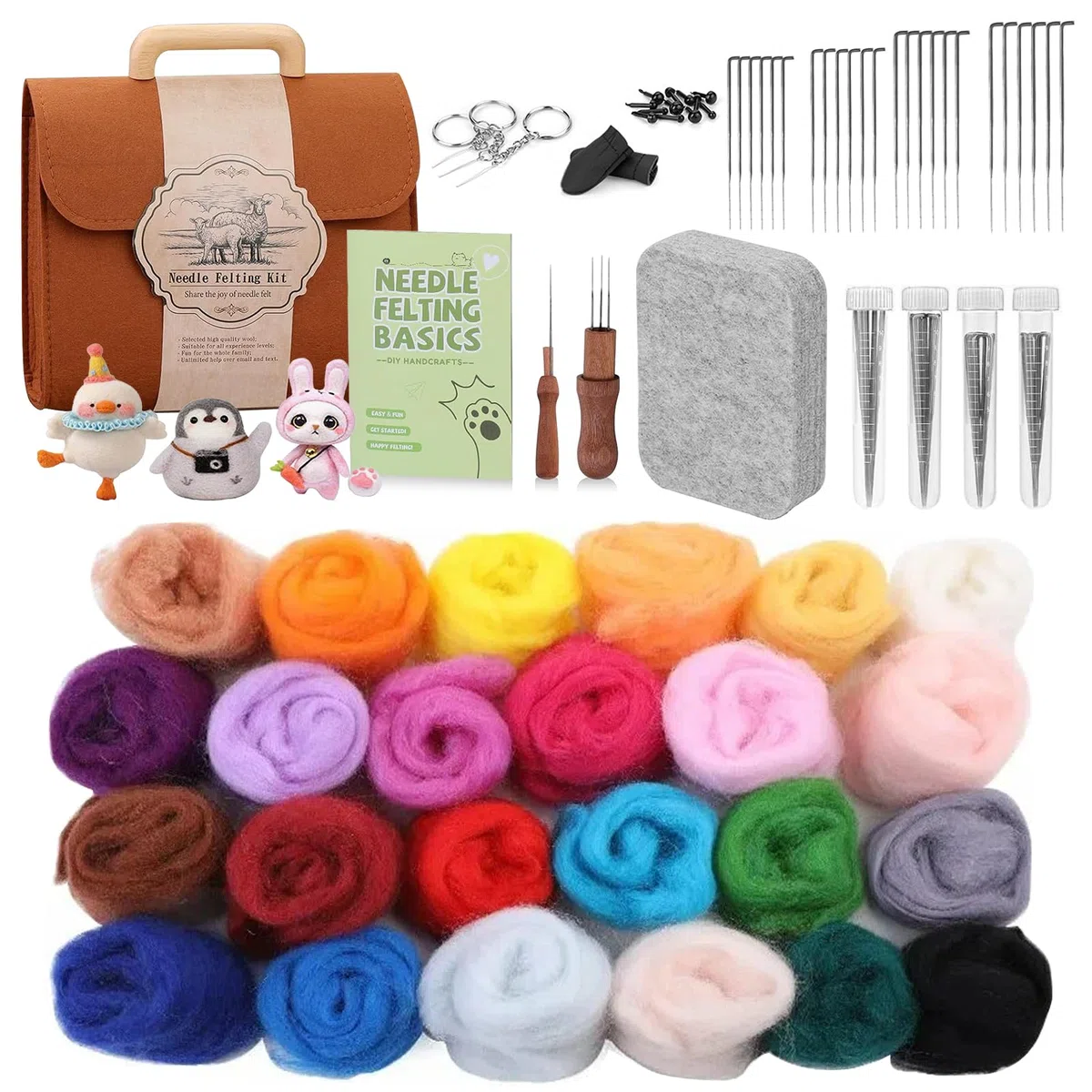 Kit de feutrage aiguilleté avec laine feutrée pour feutrage à sec en 24 couleurs, kit de démarrage pour débutants, aiguilles à feutrer, outils, boîte de rangement et instructions pour le bricolage