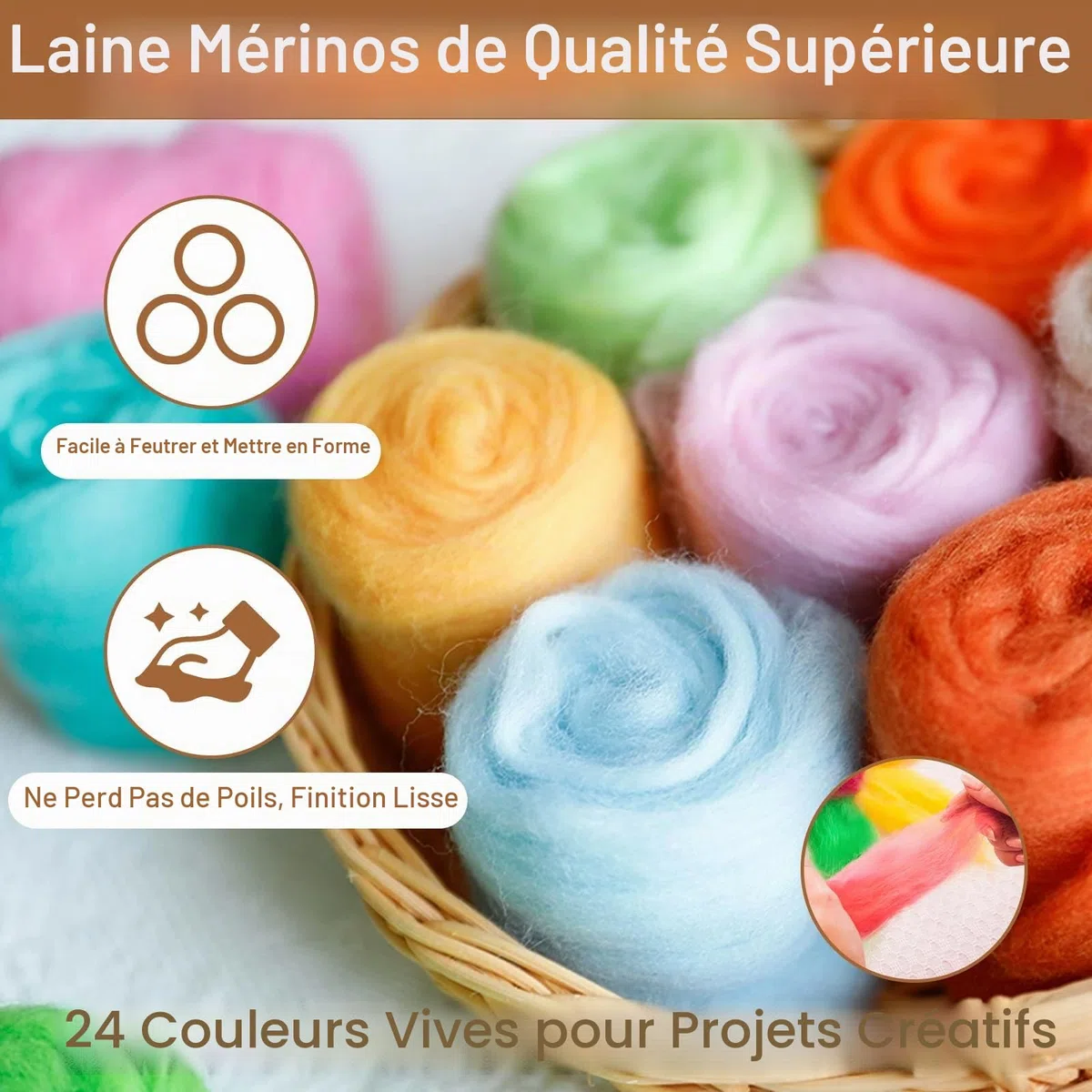 TayBong Kit de laine de feutrage 24 couleurs - Kit de feutrage à l'aiguille pour débutants avec sac de rangement et accessoires d'artisanat - Kit de laine pour bricolage, animaux en feutre et cadeaux