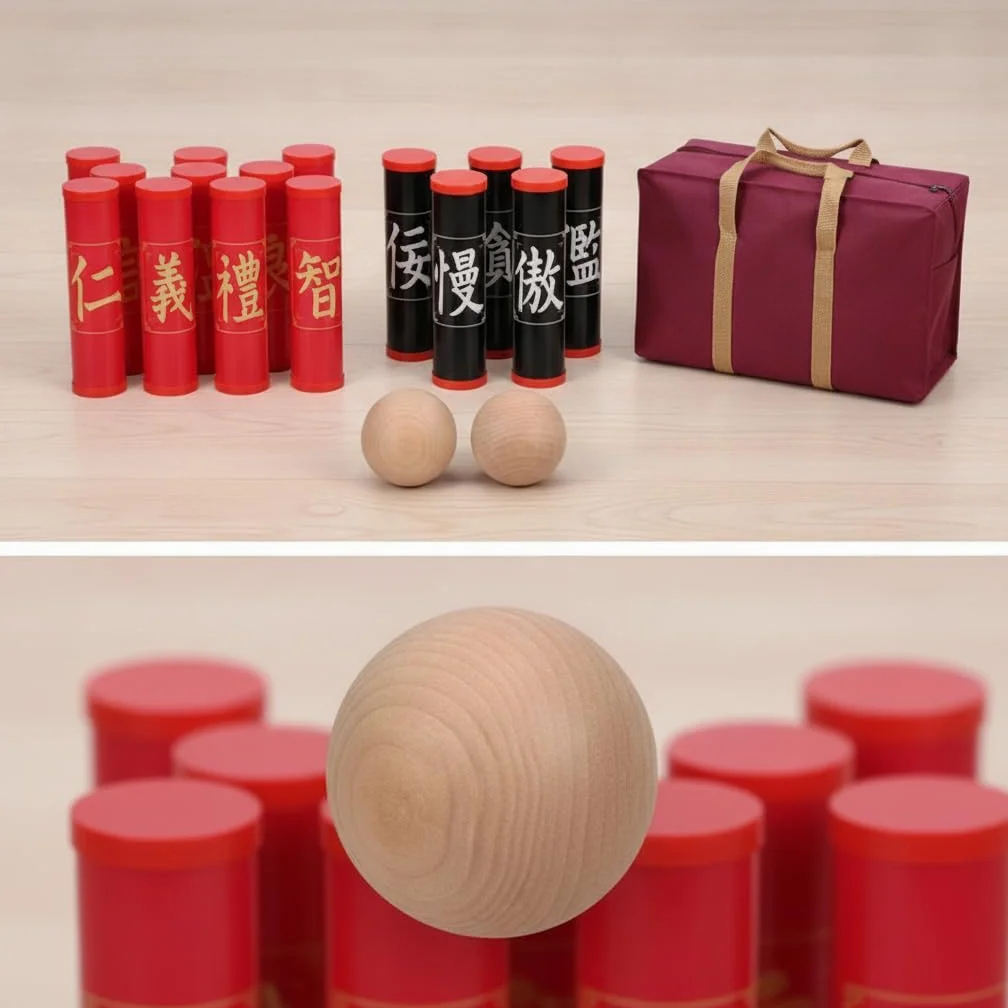 TISHITA Équipement de Jeu Extérieur Jeu d'Équipe Jeu de Plein Air Accessoire Sportif Set Récréatif Portable pour Précision et, 15 Poteaux + 2 Balles en Bois (avec Sac de Rangement)