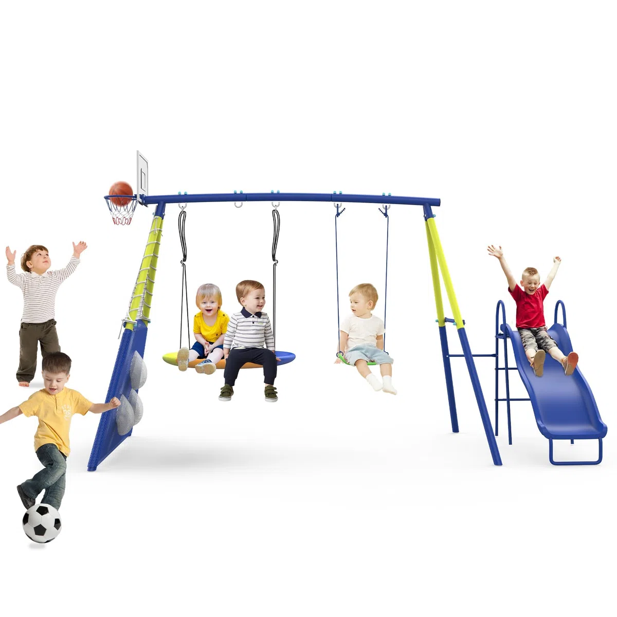 Structure de Jeu extérieur 5-en-1 pour Plusieurs Enfants, balançoire Jardin avec balançoire nid, Toboggan, Panier de Basket et Cible de Football, Armature métallique résistante dès 3 Ans