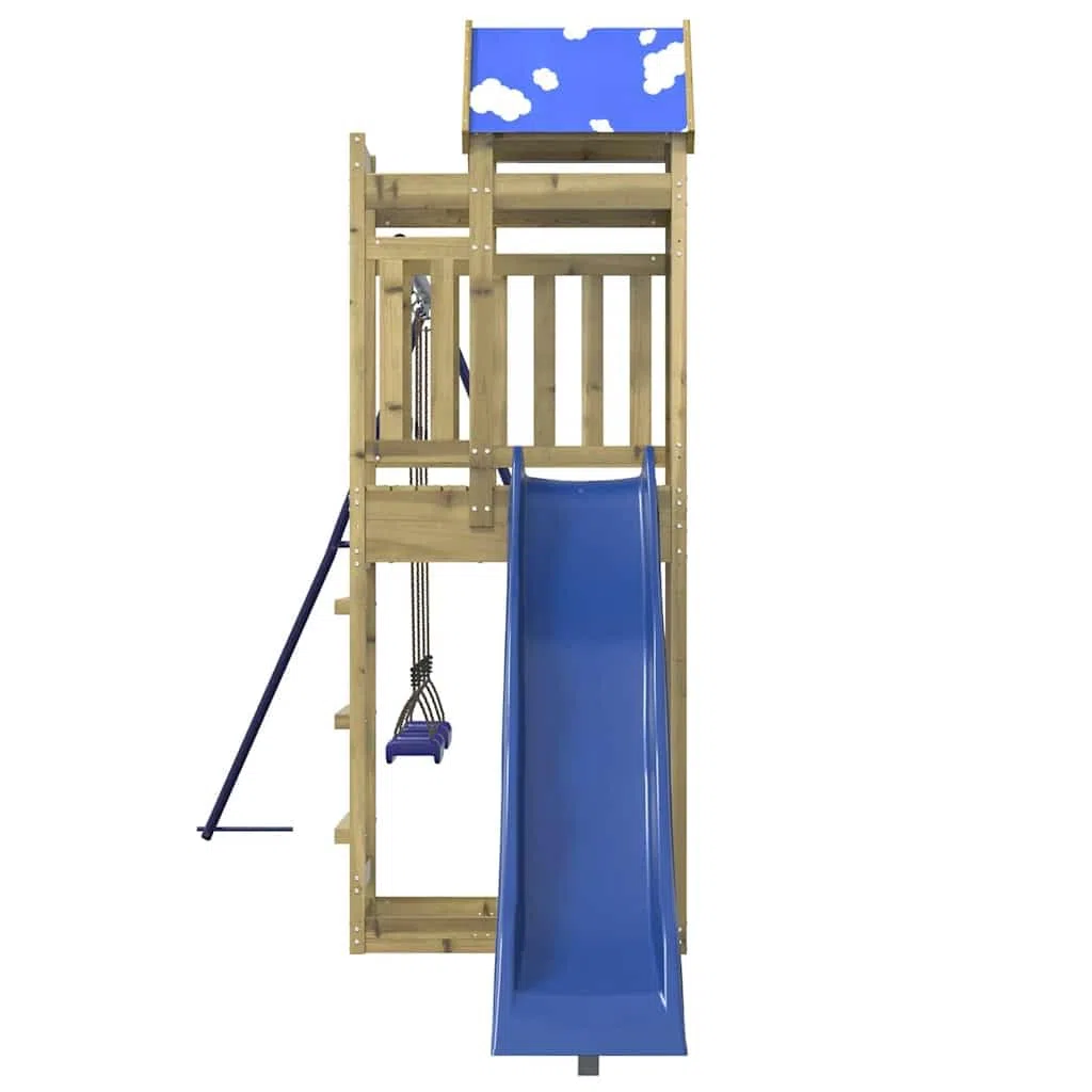 Aire de Jeu d’extérieur en Bois de pin imprégné avec Toboggan balançoire cabane pour Enfants 3-8 Ans Structure de Jardin avec bac à Sable Escalade et Pont