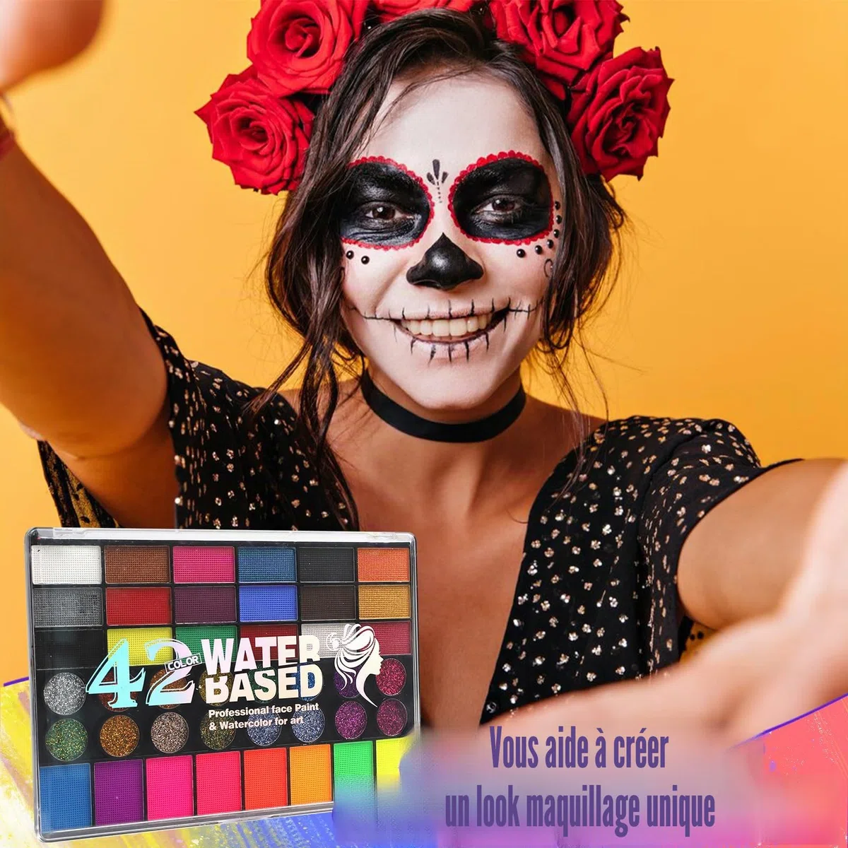 Realjoy Palette Maquillage Enfant, 42 Couleurs Peinture Visage Enfant avec 2 Pinceaux, 2 Pochoirs, 2 Autocollant, Peinture Corporelle pour Halloween, Noël, Carnaval, Sûr, Non Toxique et Lavable