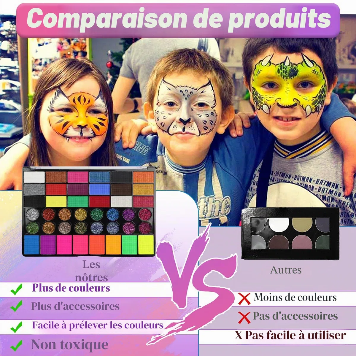 Realjoy Palette Maquillage Enfant, 42 Couleurs Peinture Visage Enfant avec 2 Pinceaux, 2 Pochoirs, 2 Autocollant, Peinture Corporelle pour Halloween, Noël, Carnaval, Sûr, Non Toxique et Lavable