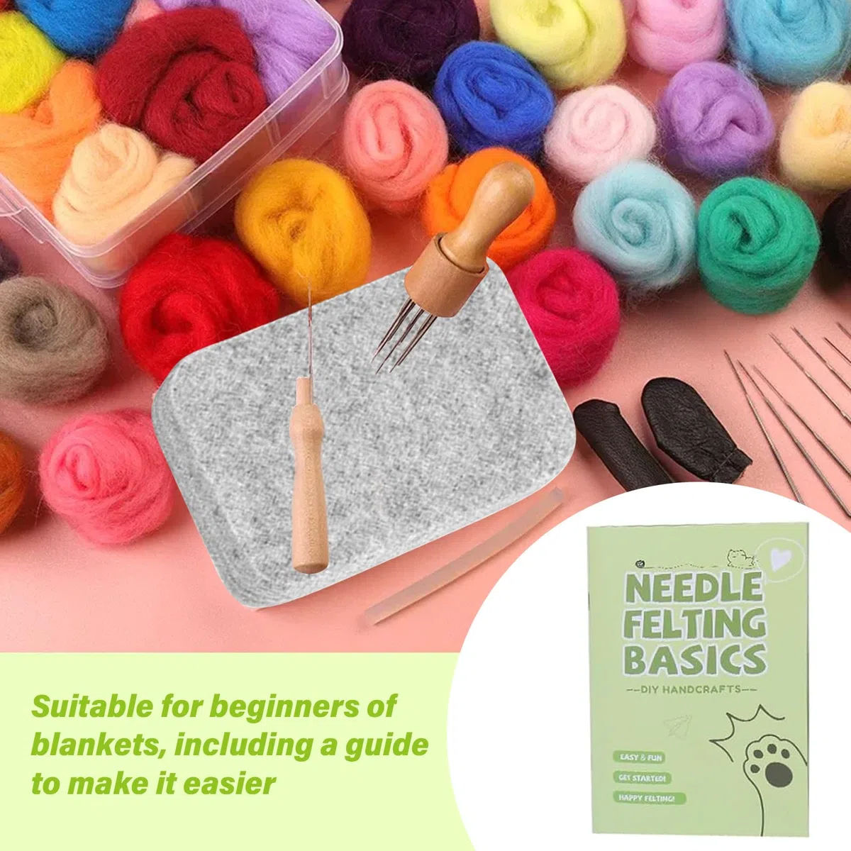 Kit de feutrage aiguilleté avec laine feutrée pour feutrage à sec en 24 couleurs, kit de démarrage pour débutants, aiguilles à feutrer, outils, boîte de rangement et instructions pour le bricolage