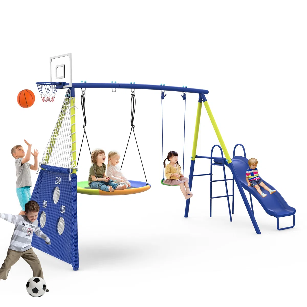 Structure de Jeu extérieur 5-en-1 pour Plusieurs Enfants, balançoire Jardin avec balançoire nid, Toboggan, Panier de Basket et Cible de Football, Armature métallique résistante dès 3 Ans
