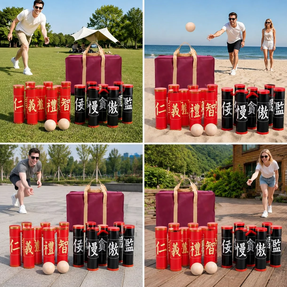 TISHITA Équipement de Jeu Extérieur Jeu d'Équipe Jeu de Plein Air Accessoire Sportif Set Récréatif Portable pour Précision et, 15 Poteaux + 2 Balles en Bois (avec Sac de Rangement)