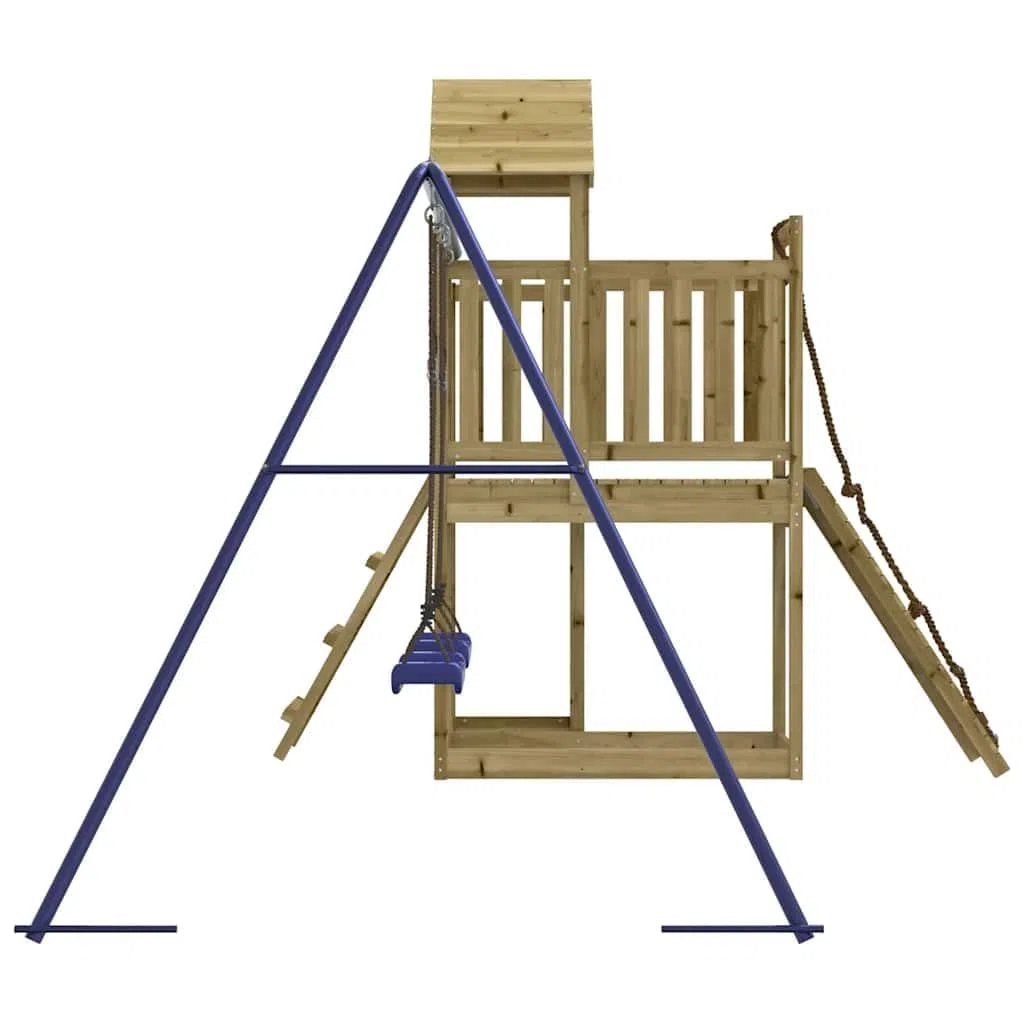 Aire de Jeux en Bois de pin imprégné pour Jardin avec Tour, Mur d'escalade, balançoire Double, cabane, bac à Sable et glissière adaptée Enfants 3 à 8 Ans Loisirs extérieur