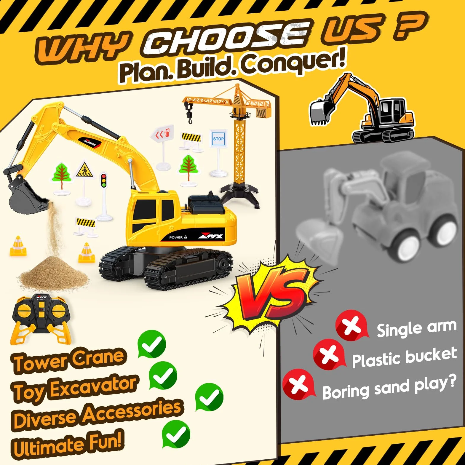 1:24 Pelleteuse Télécommandée pour Enfants 3-9 Ans, Camion Tractopelle Enfant Jouet 2.4GHz avec Grue et Accessoires (Barrières), Exterieur Jouet de Construction, Cadeau d'Anniversaire Noël Enfants