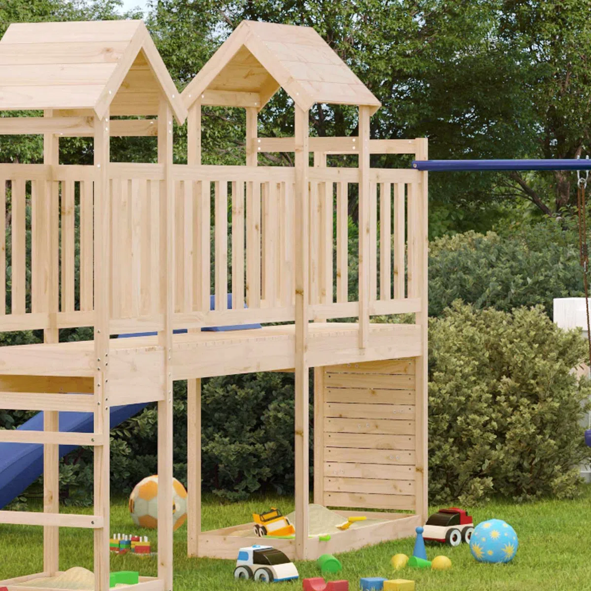 Tour de Jeu en Bois Marron 53 x 110,5 x 214 cm pour extérieur Jardin Cour Structure d'activités avec Toboggan balancoire cabane et Escalade pour Enfants Garcon Fille