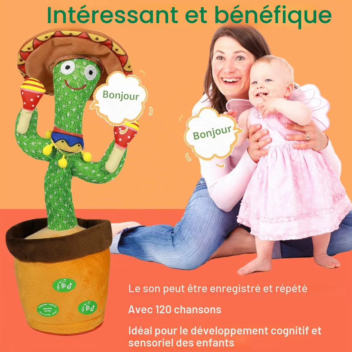 Cactus Qui Danse et Répète,Éclairage,Répète ce Que Tu Dis,Jouet Cactus Éducatif Interactif,120 Chansons, Contrôle du Volume, Cadeaux Amusants pour Les Enfants et Décoration