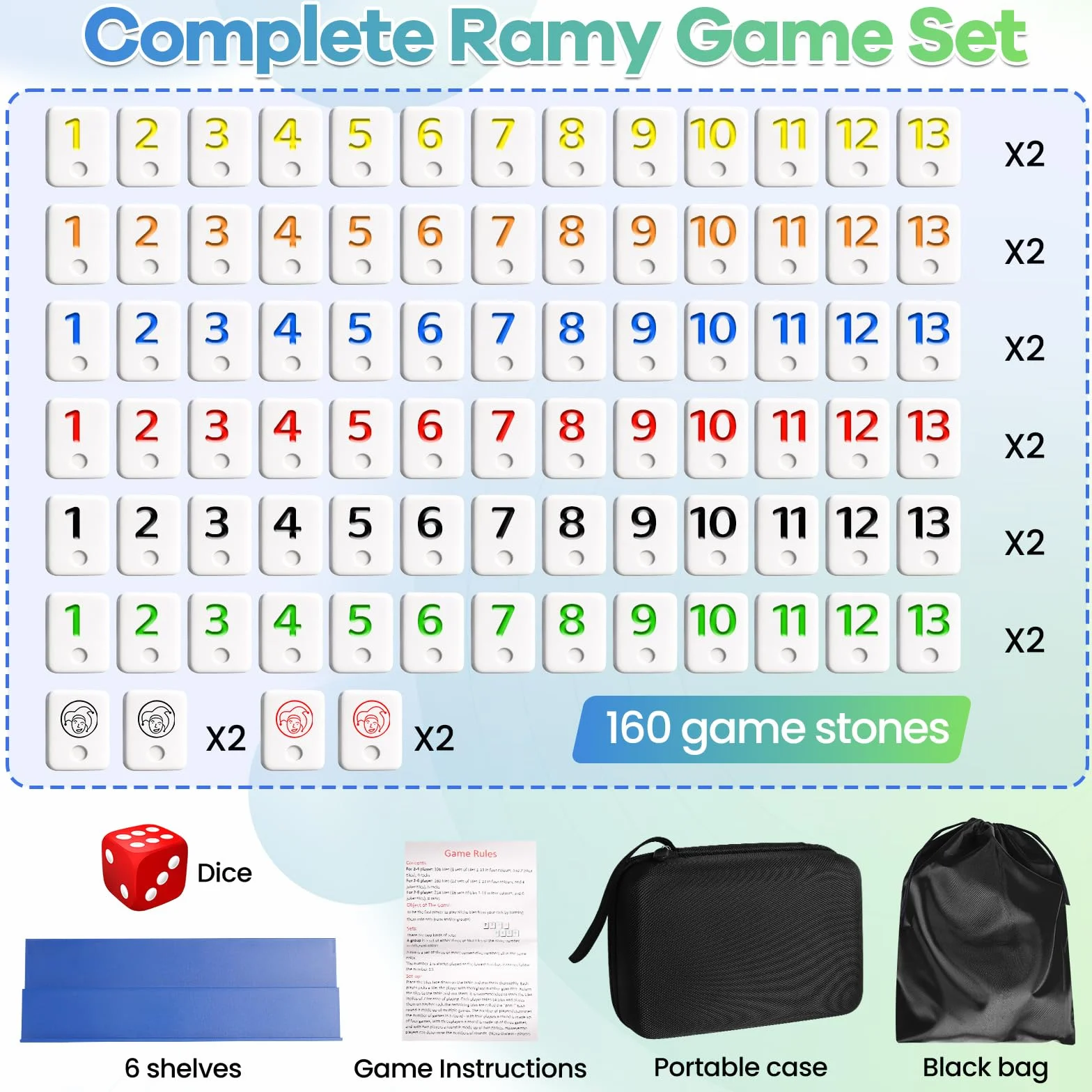 Rummy Cup Original Jeu de société Rummy Cup avec cordon de serrage pour adultes, 160 pierres, jeu de société pour 2 à 6 joueurs, avec 6 supports de jeu, 1 dé