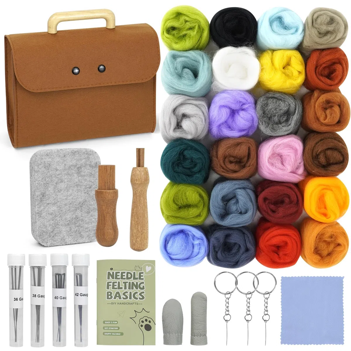 TayBong Kit de laine de feutrage 24 couleurs - Kit de feutrage à l'aiguille pour débutants avec sac de rangement et accessoires d'artisanat - Kit de laine pour bricolage, animaux en feutre et cadeaux