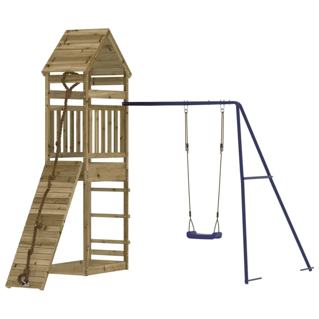 Aire de Jeux d'extérieur en Bois de pin imprégné pour Enfants de 3 à 8 Ans avec balançoire, Mur d'escalade, bac à Sable et cabane en Bois Robuste pour Jardin