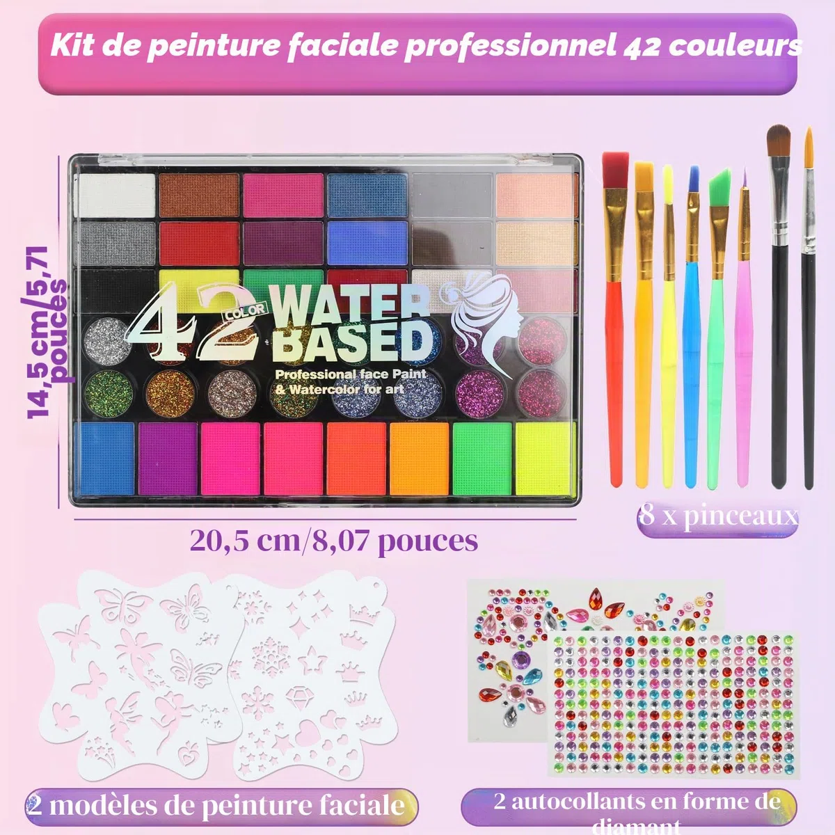 Realjoy Palette Maquillage Enfant, 42 Couleurs Peinture Visage Enfant avec 2 Pinceaux, 2 Pochoirs, 2 Autocollant, Peinture Corporelle pour Halloween, Noël, Carnaval, Sûr, Non Toxique et Lavable