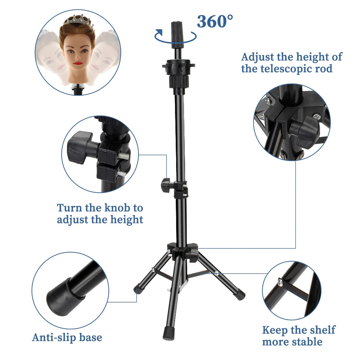 Anstar Mini Trépied Perruque Réglable Tete a Coiffer Support Perruque de Coiffure Trepied de Tête à Coiffer en Métal Noir (14.5inch-24.8inch)