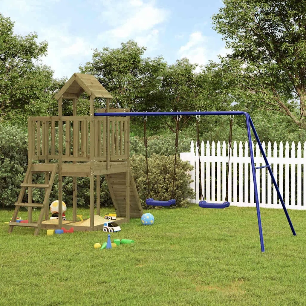 Aire de Jeux en Bois de pin imprégné pour Jardin avec Tour, Mur d'escalade, balançoire Double, cabane, bac à Sable et glissière adaptée Enfants 3 à 8 Ans Loisirs extérieur