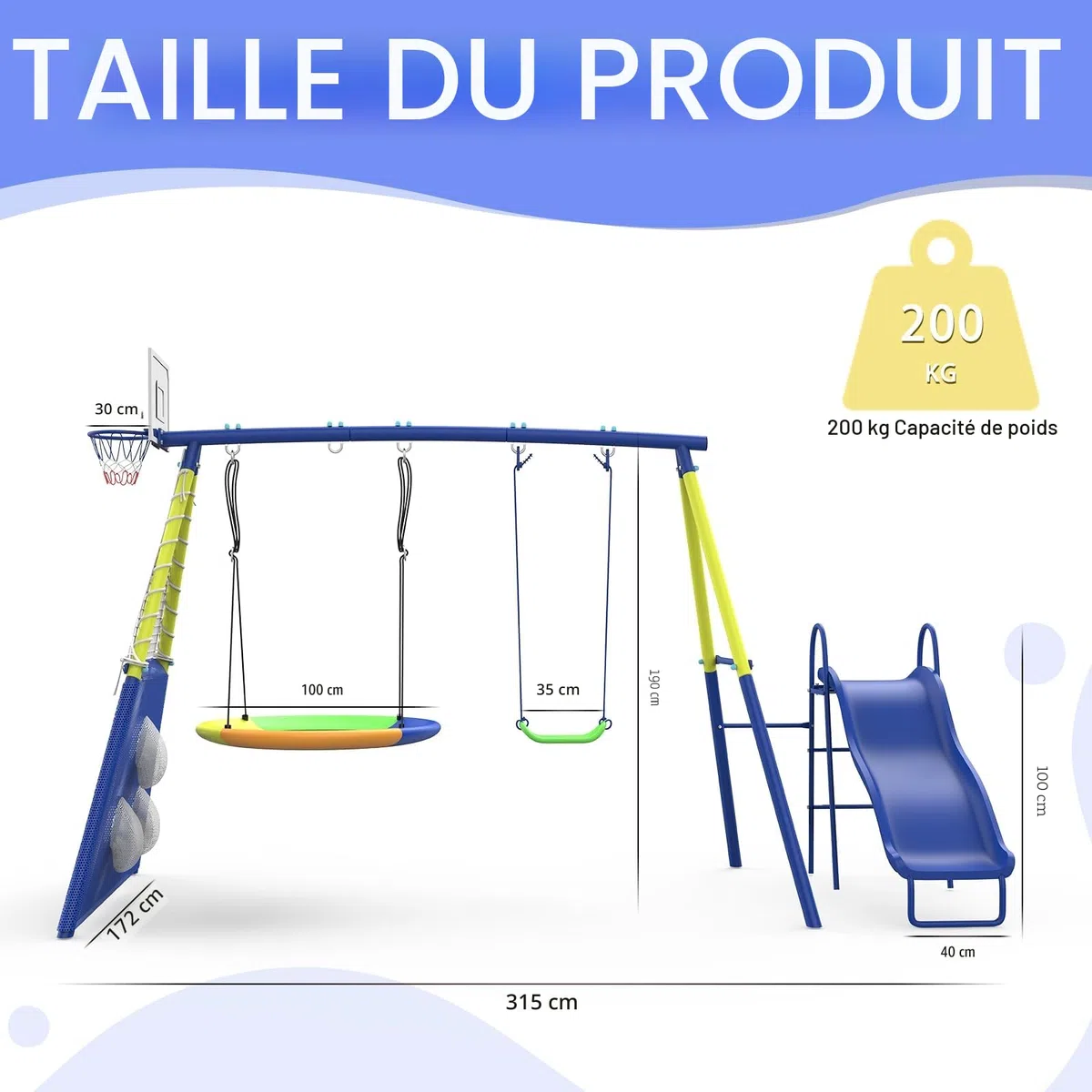 Structure de Jeu extérieur 5-en-1 pour Plusieurs Enfants, balançoire Jardin avec balançoire nid, Toboggan, Panier de Basket et Cible de Football, Armature métallique résistante dès 3 Ans