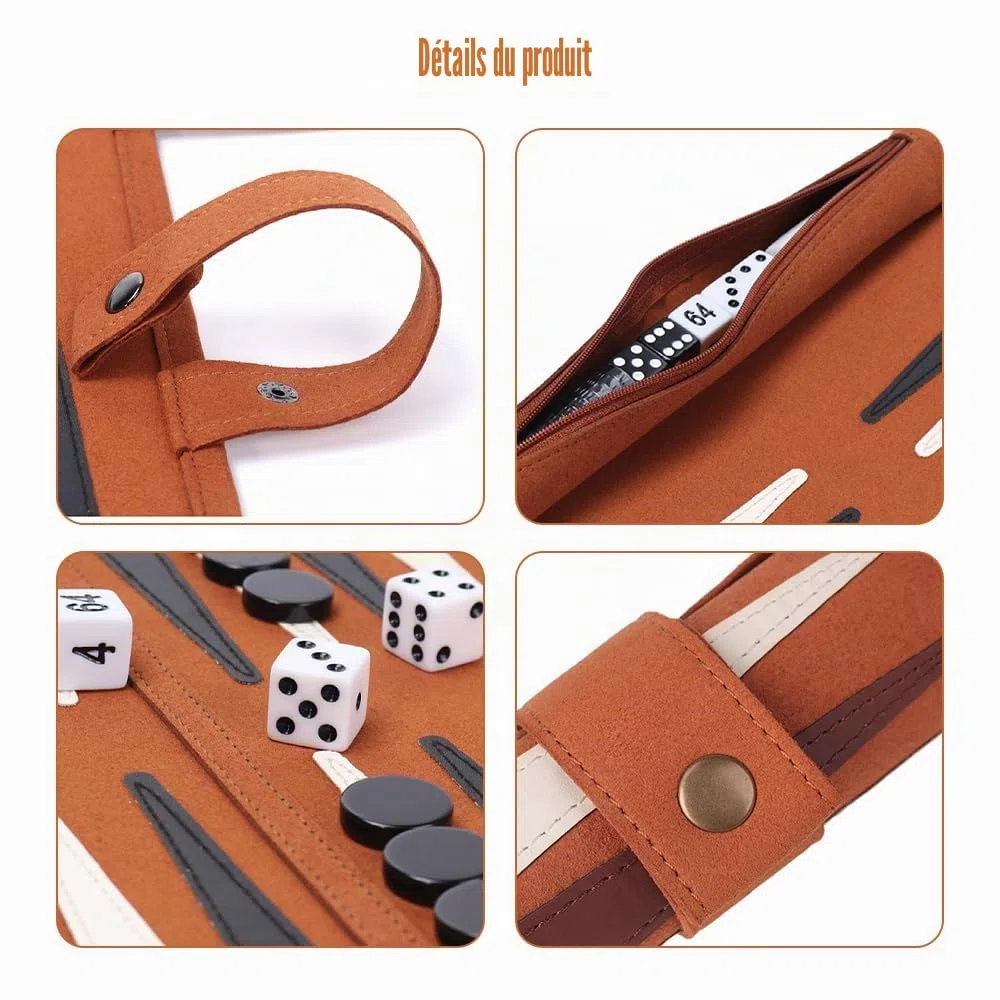 Backgammon, Backgammon Voyage, Back Gammon en Cuir Véritable, Portables Bagamon de Voyage pour Adultes et Enfant, Roulable pour Les Voyages et Les déplacements (25x35cm)