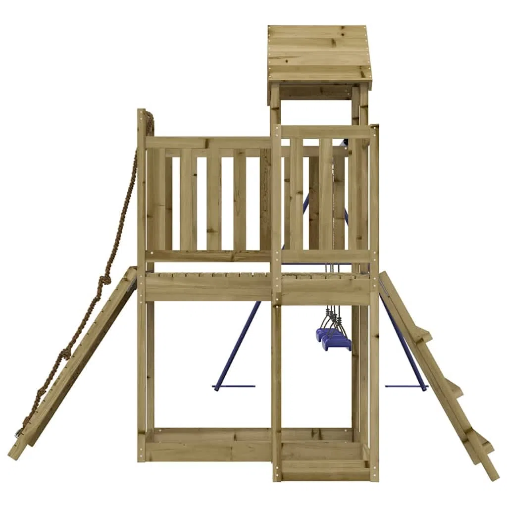 Aire de Jeux en Bois de pin imprégné pour Jardin avec Tour, Mur d'escalade, balançoire Double, cabane, bac à Sable et glissière adaptée Enfants 3 à 8 Ans Loisirs extérieur