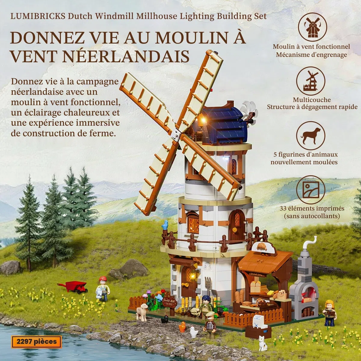 Lumibricks Farm Life Moulin Hollandais Modulaire avec Éclairage LED