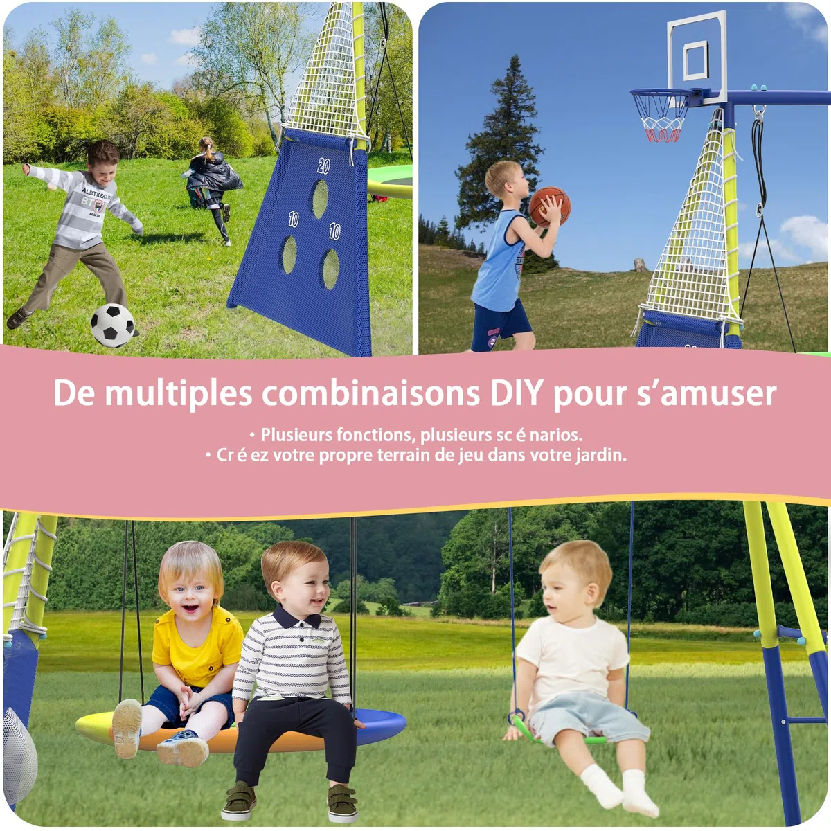 Structure De Jeu pour Enfants 5-en-1 Extérieur Jardin, Balançoire Nid + Balançoire Classique, Toboggan, Panier Basket, Cible Football, Cadre en Acier Robuste pour Plusieurs Enfants À Partir De 3 Ans