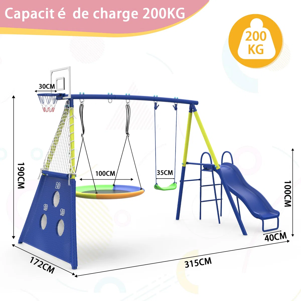 Structure De Jeu pour Enfants 5-en-1 Extérieur Jardin, Balançoire Nid + Balançoire Classique, Toboggan, Panier Basket, Cible Football, Cadre en Acier Robuste pour Plusieurs Enfants À Partir De 3 Ans