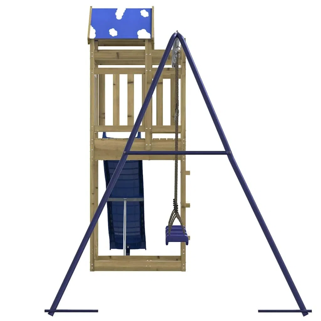 Aire de Jeu d’extérieur en Bois de pin imprégné avec Toboggan balançoire cabane pour Enfants 3-8 Ans Structure de Jardin avec bac à Sable Escalade et Pont