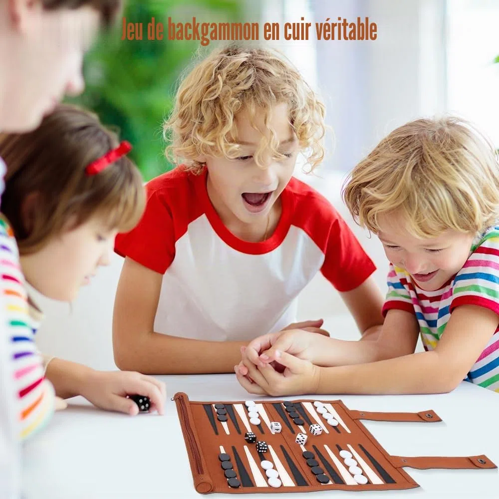 Backgammon, Backgammon Voyage, Back Gammon en Cuir Véritable, Portables Bagamon de Voyage pour Adultes et Enfant, Roulable pour Les Voyages et Les déplacements (25x35cm)