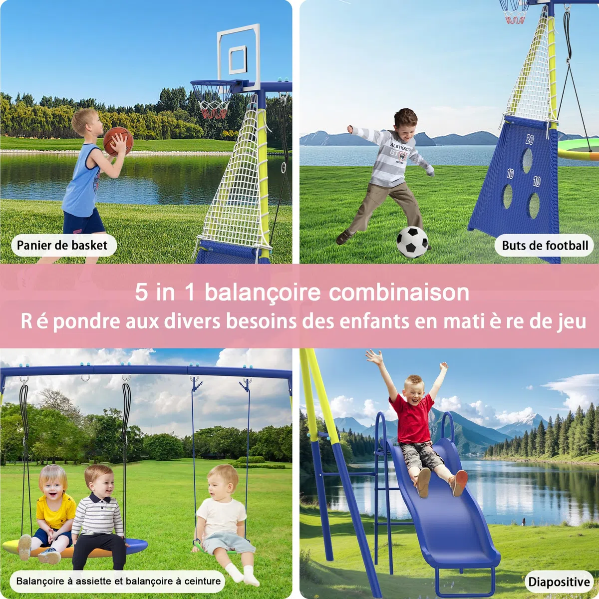 Structure De Jeu pour Enfants 5-en-1 Extérieur Jardin, Balançoire Nid + Balançoire Classique, Toboggan, Panier Basket, Cible Football, Cadre en Acier Robuste pour Plusieurs Enfants À Partir De 3 Ans