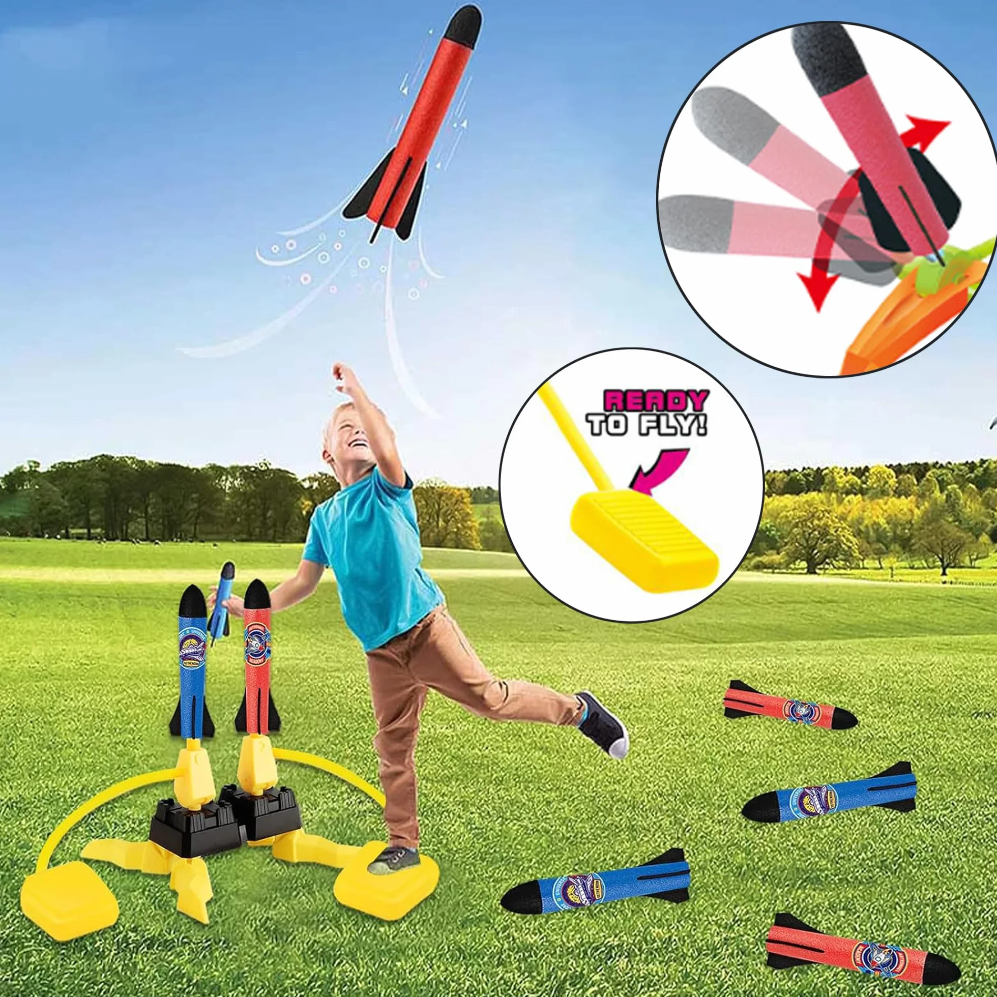 Fusée Plastique Kit, Double Lanceur de Fusée à Pédale pour Jouet Enfant 3 4 5 6 7 8 9 Ans, Garcon 3 Ans Fusée Jouet, Jeux Exterieur Enfant, Cadeau de Anniversaire Noël pour Garçons Filles