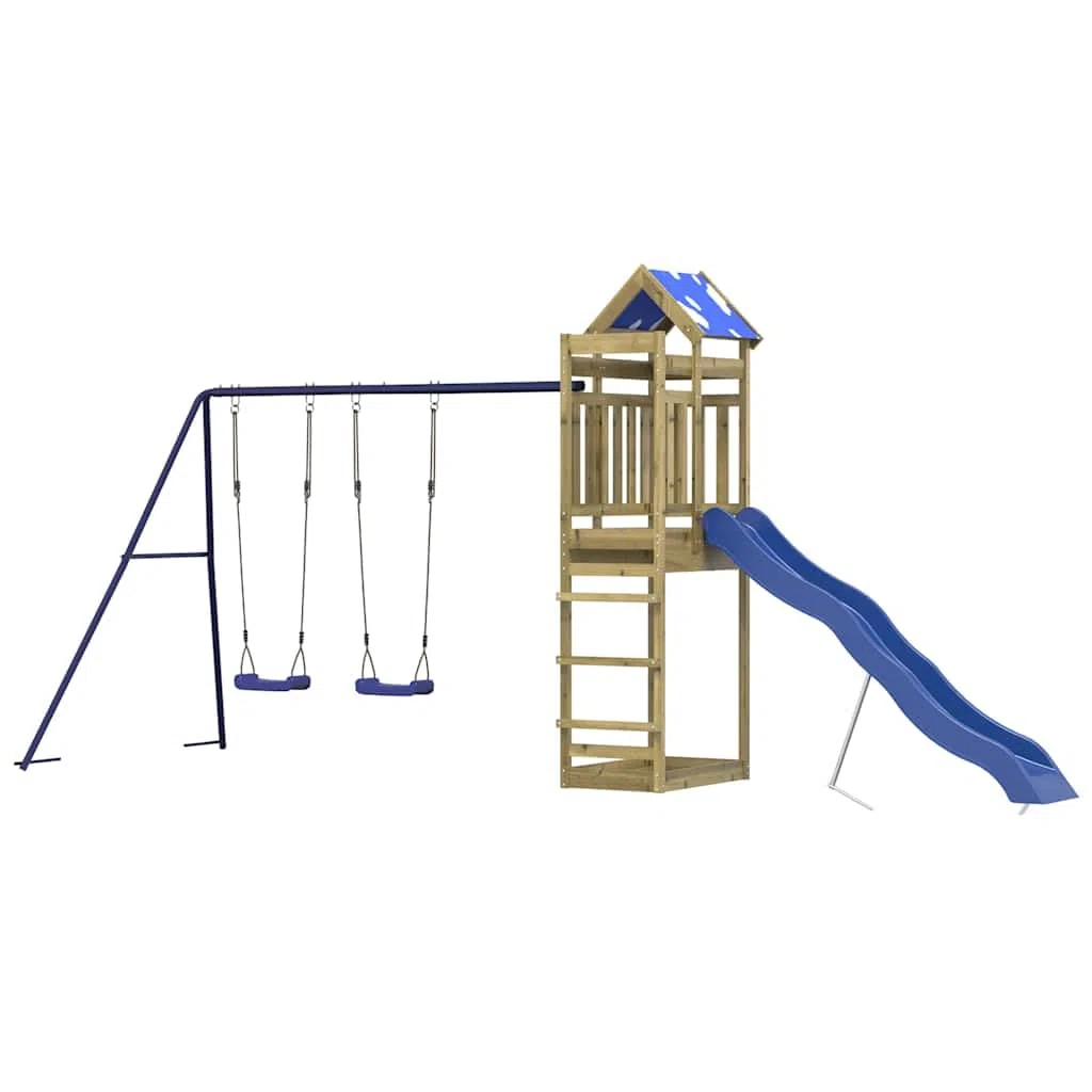 Aire de Jeu d’extérieur en Bois de pin imprégné avec Toboggan balançoire cabane pour Enfants 3-8 Ans Structure de Jardin avec bac à Sable Escalade et Pont