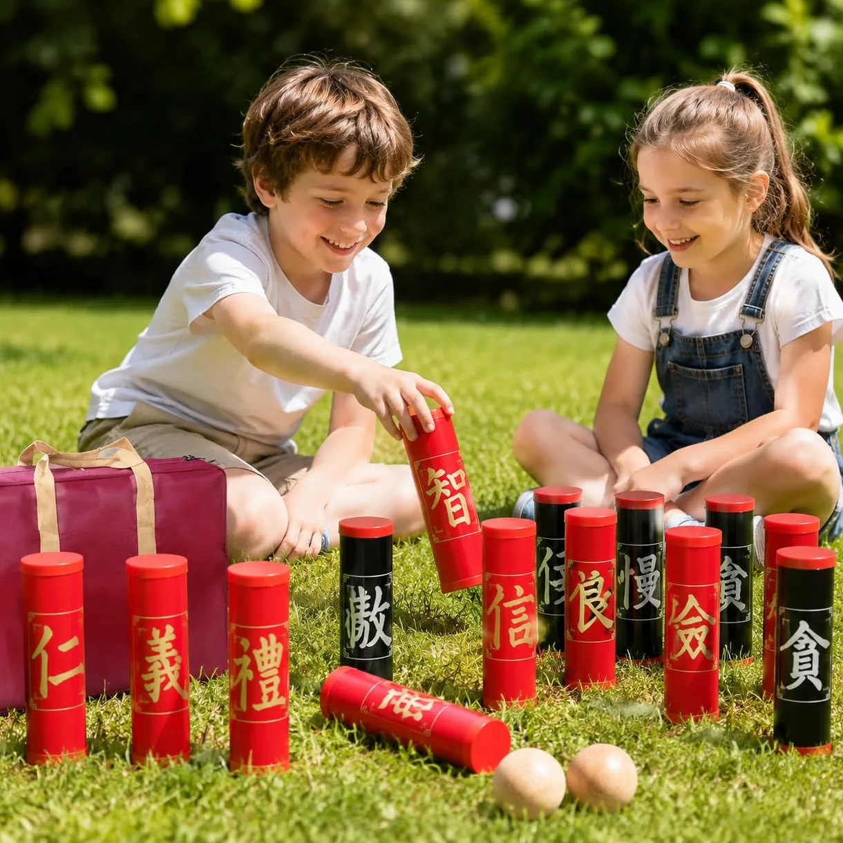 TISHITA Équipement de Jeu Extérieur Jeu d'Équipe Jeu de Plein Air Accessoire Sportif Set Récréatif Portable pour Précision et, 15 Poteaux + 2 Balles en Bois (avec Sac de Rangement)