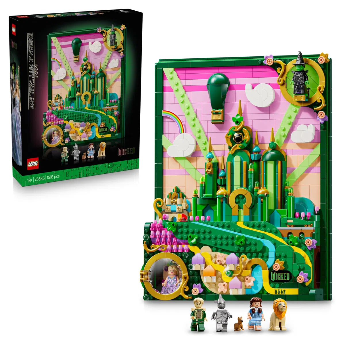 LEGO Wicked Tableau d’Emerald City - Art Mural - Set de Construction 3D pour Adulte - Maquette avec 6 Minifigurines & Figurine de Toto Le Chien - Décoration DIY - Cadeau pour Fans du Film 75685