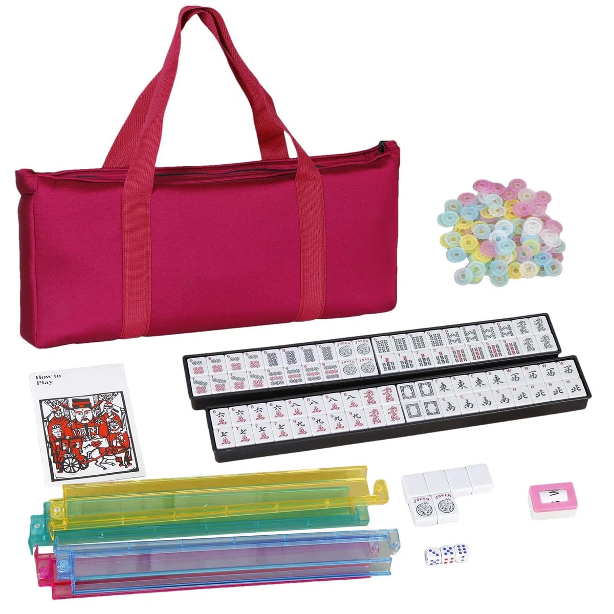 Genérico Jetons de Mahjong - Jeu complet avec 166 jetons, comprend règles, dés et jetons, taille portable pour apprendre et jouer à la maison, pour adultes, personnes âgées et débutants