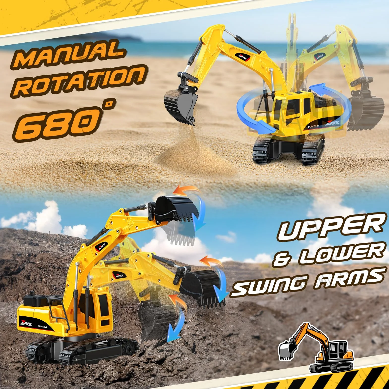 1:24 Pelleteuse Télécommandée pour Enfants 3-9 Ans, Camion Tractopelle Enfant Jouet 2.4GHz avec Grue et Accessoires (Barrières), Exterieur Jouet de Construction, Cadeau d'Anniversaire Noël Enfants