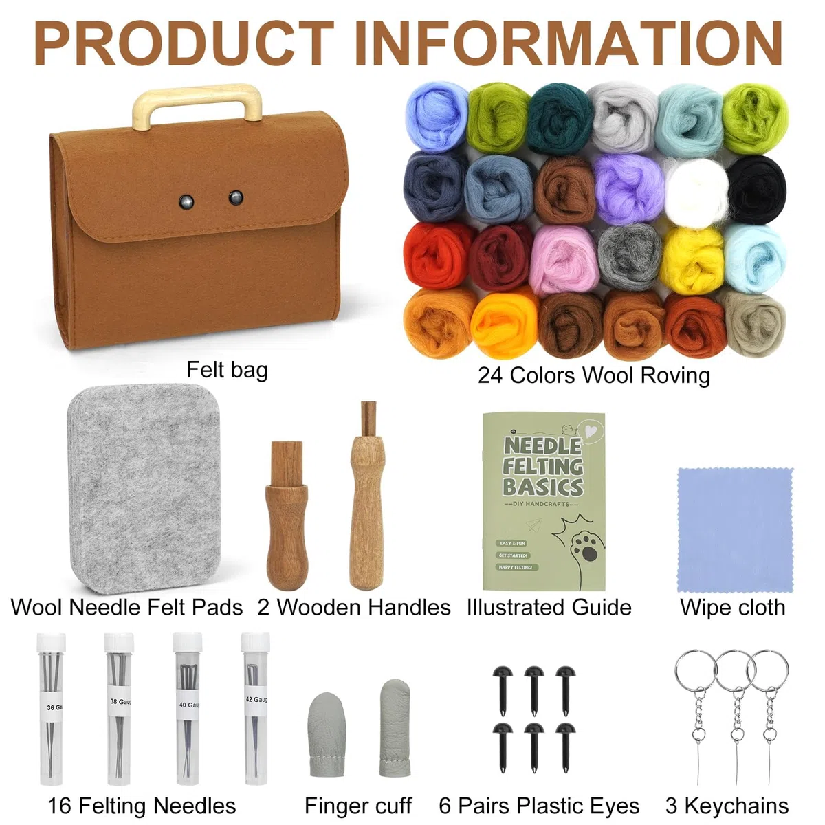 TayBong Kit de laine de feutrage 24 couleurs - Kit de feutrage à l'aiguille pour débutants avec sac de rangement et accessoires d'artisanat - Kit de laine pour bricolage, animaux en feutre et cadeaux