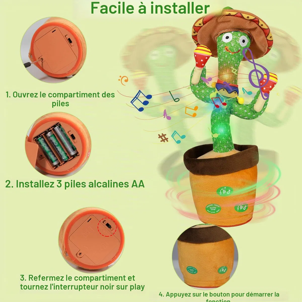 Cactus Qui Danse et Répète,Éclairage,Répète ce Que Tu Dis,Jouet Cactus Éducatif Interactif,120 Chansons, Contrôle du Volume, Cadeaux Amusants pour Les Enfants et Décoration