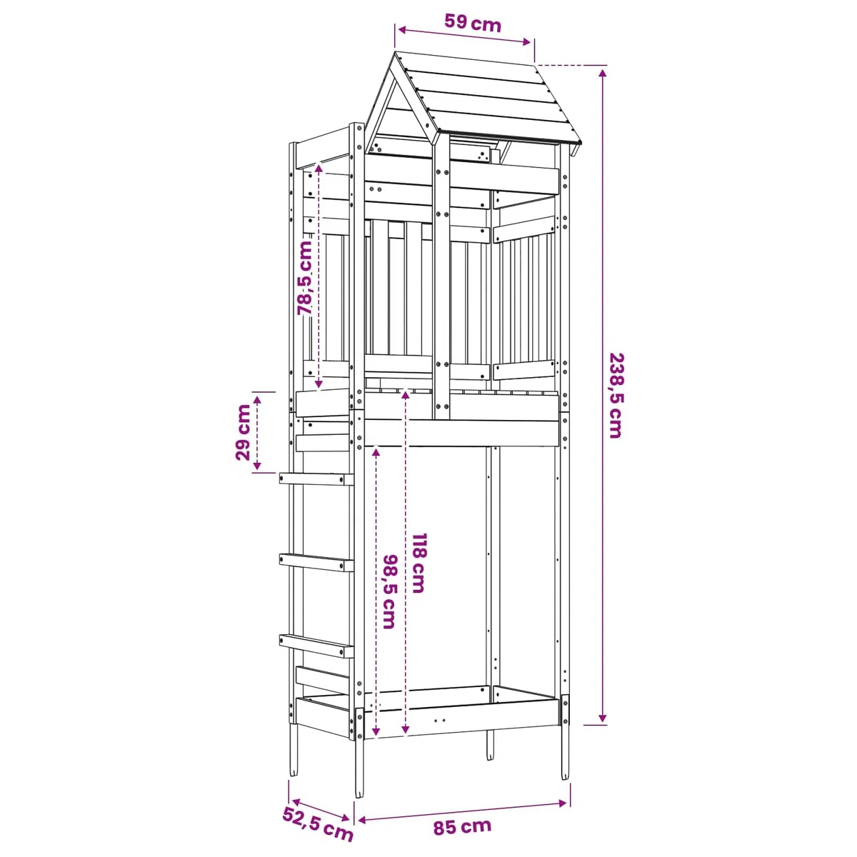 Tour de Jeu en pin Massif Marron 85 x 52,5 x 238 cm pour extérieur Jardin, Structure d'activités pour Enfants, cabane, Toboggan, balançoire, Escalade, Maison, Cadeau été