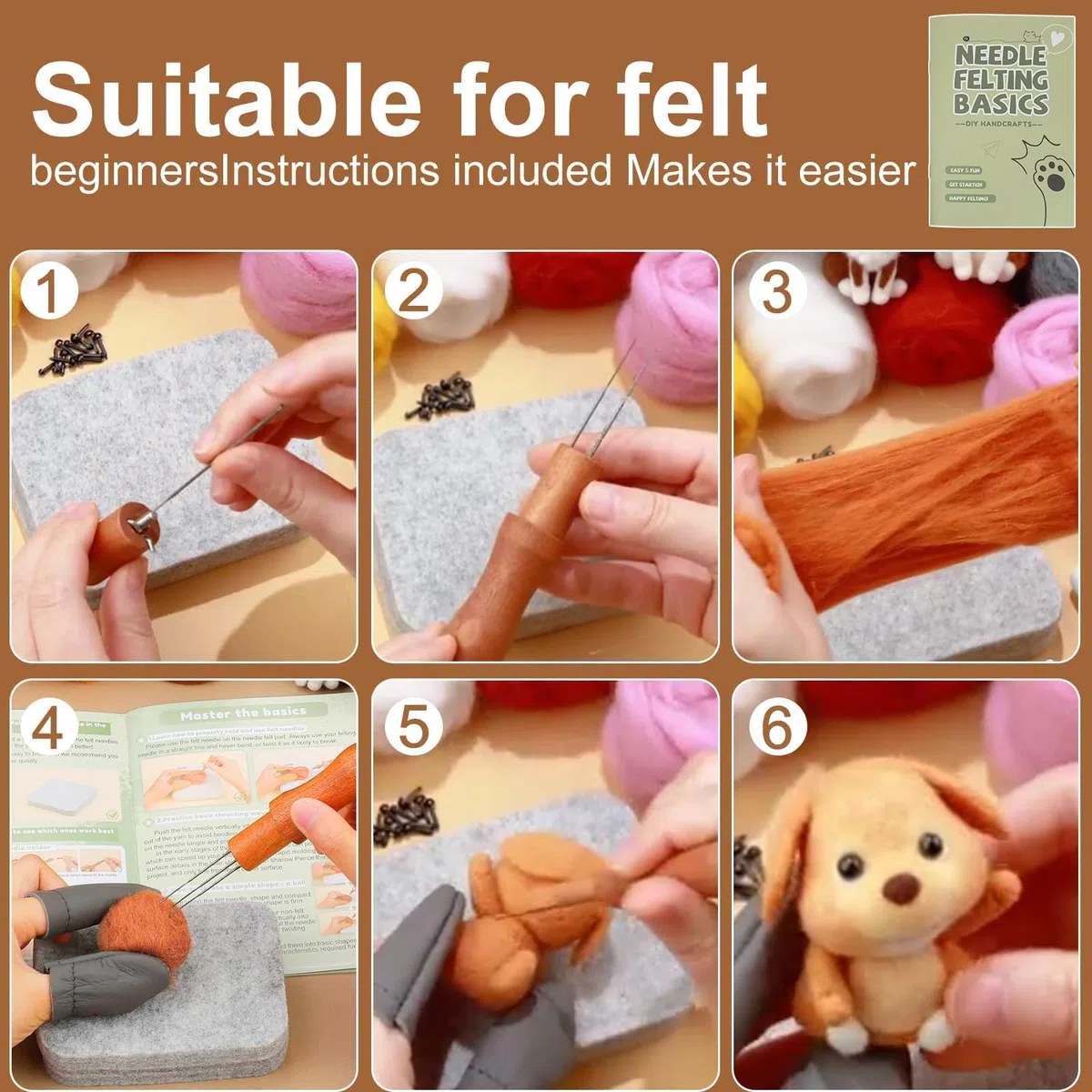 TayBong Kit de laine de feutrage 24 couleurs - Kit de feutrage à l'aiguille pour débutants avec sac de rangement et accessoires d'artisanat - Kit de laine pour bricolage, animaux en feutre et cadeaux