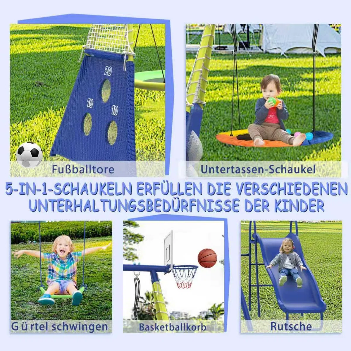 Structure de Jeu extérieur 5-en-1 pour Plusieurs Enfants, balançoire Jardin avec balançoire nid, Toboggan, Panier de Basket et Cible de Football, Armature métallique résistante dès 3 Ans