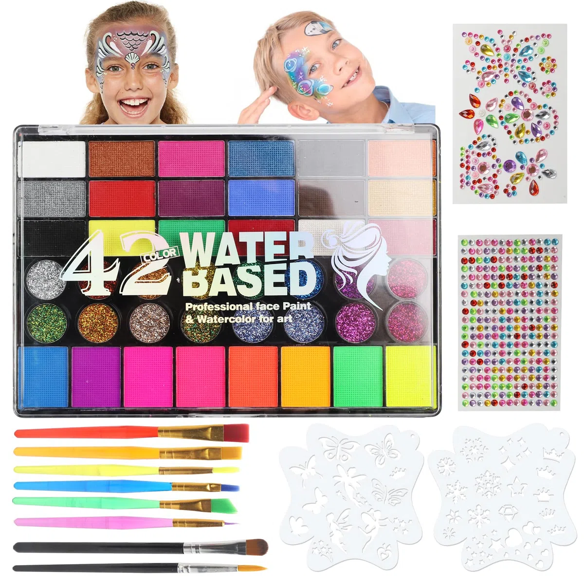 Realjoy Palette Maquillage Enfant, 42 Couleurs Peinture Visage Enfant avec 2 Pinceaux, 2 Pochoirs, 2 Autocollant, Peinture Corporelle pour Halloween, Noël, Carnaval, Sûr, Non Toxique et Lavable