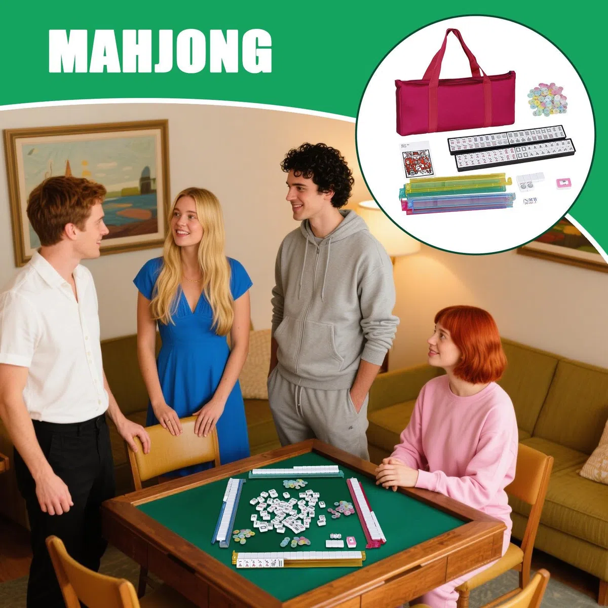 Genérico Jetons de Mahjong - Jeu complet avec 166 jetons, comprend règles, dés et jetons, taille portable pour apprendre et jouer à la maison, pour adultes, personnes âgées et débutants