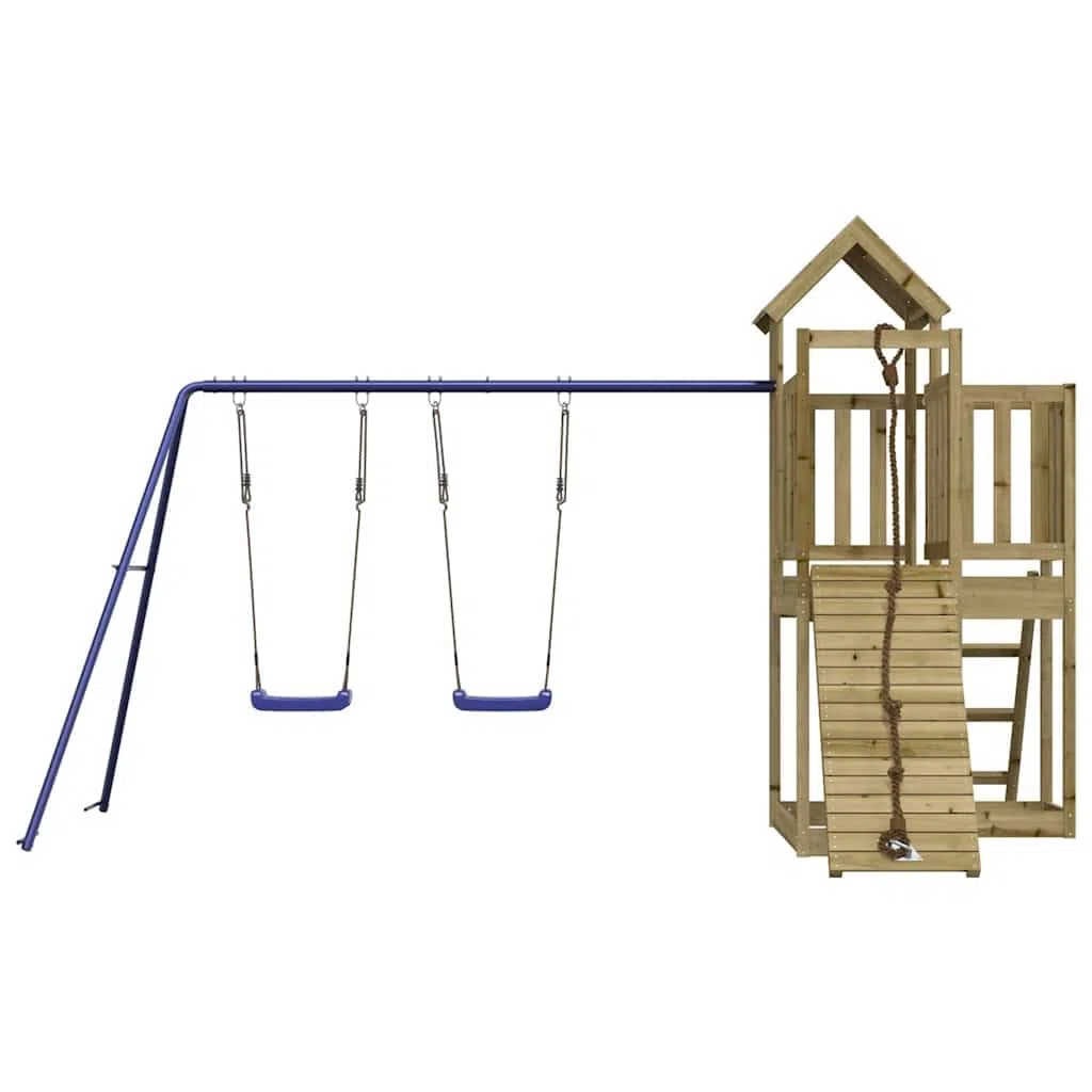 Aire de Jeux en Bois de pin imprégné pour Jardin avec Tour, Mur d'escalade, balançoire Double, cabane, bac à Sable et glissière adaptée Enfants 3 à 8 Ans Loisirs extérieur