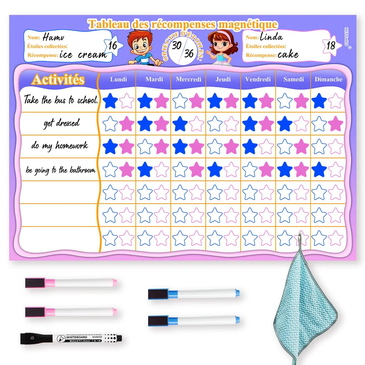 Tableau de Récompense Magnétique Enfant, Comportement et Routine Semainier Avec 5 Stylos - Pour Garçons et Filles, 34 X 24 cm, Français