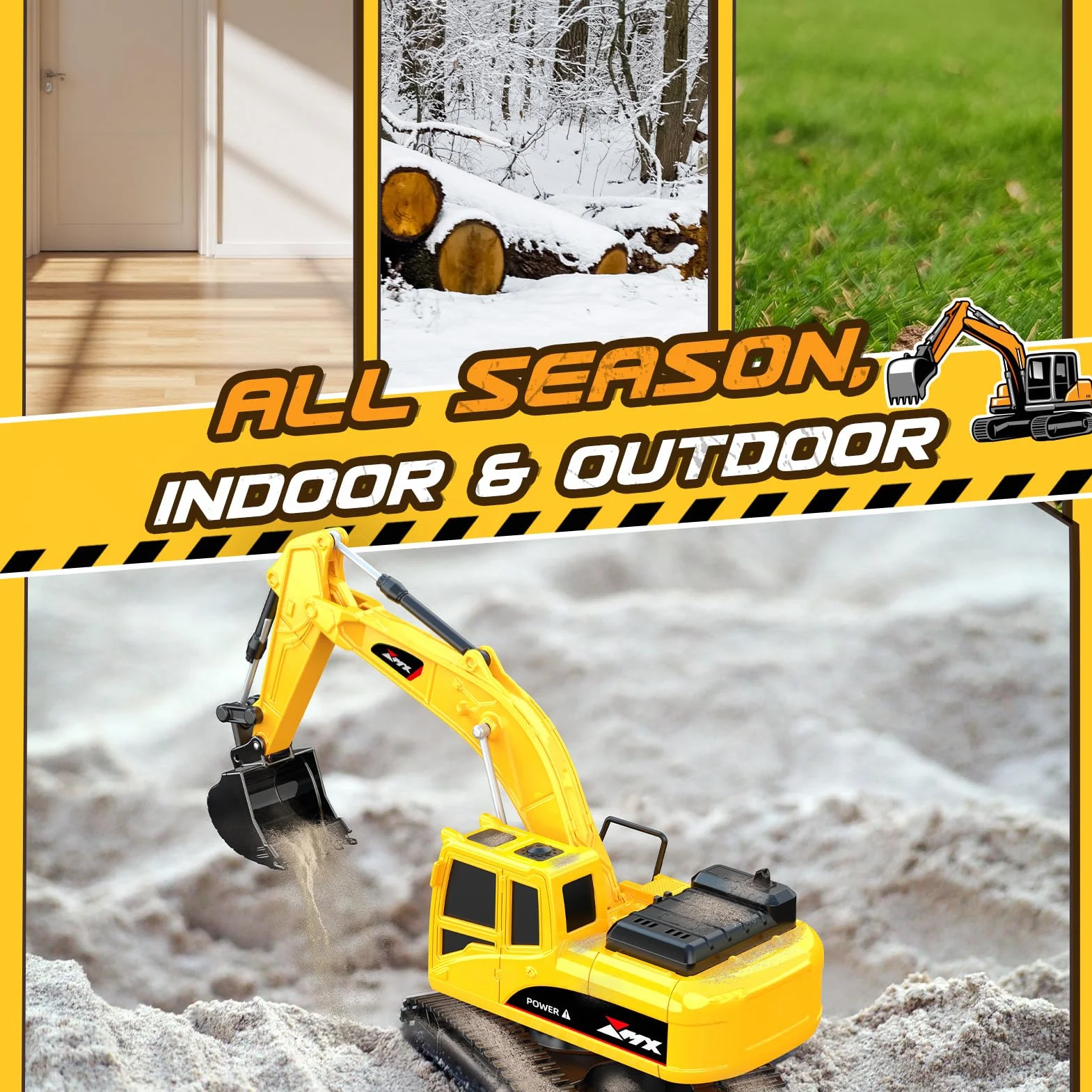 1:24 Pelleteuse Télécommandée pour Enfants 3-9 Ans, Camion Tractopelle Enfant Jouet 2.4GHz avec Grue et Accessoires (Barrières), Exterieur Jouet de Construction, Cadeau d'Anniversaire Noël Enfants