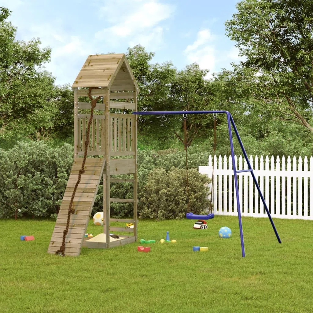 Aire de Jeux d'extérieur en Bois de pin imprégné pour Enfants de 3 à 8 Ans avec balançoire, Mur d'escalade, bac à Sable et cabane en Bois Robuste pour Jardin