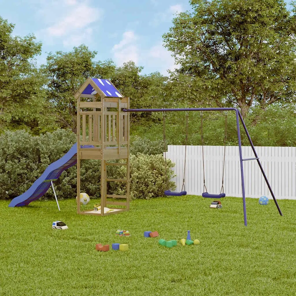 Aire de Jeu d’extérieur en Bois de pin imprégné avec Toboggan balançoire cabane pour Enfants 3-8 Ans Structure de Jardin avec bac à Sable Escalade et Pont