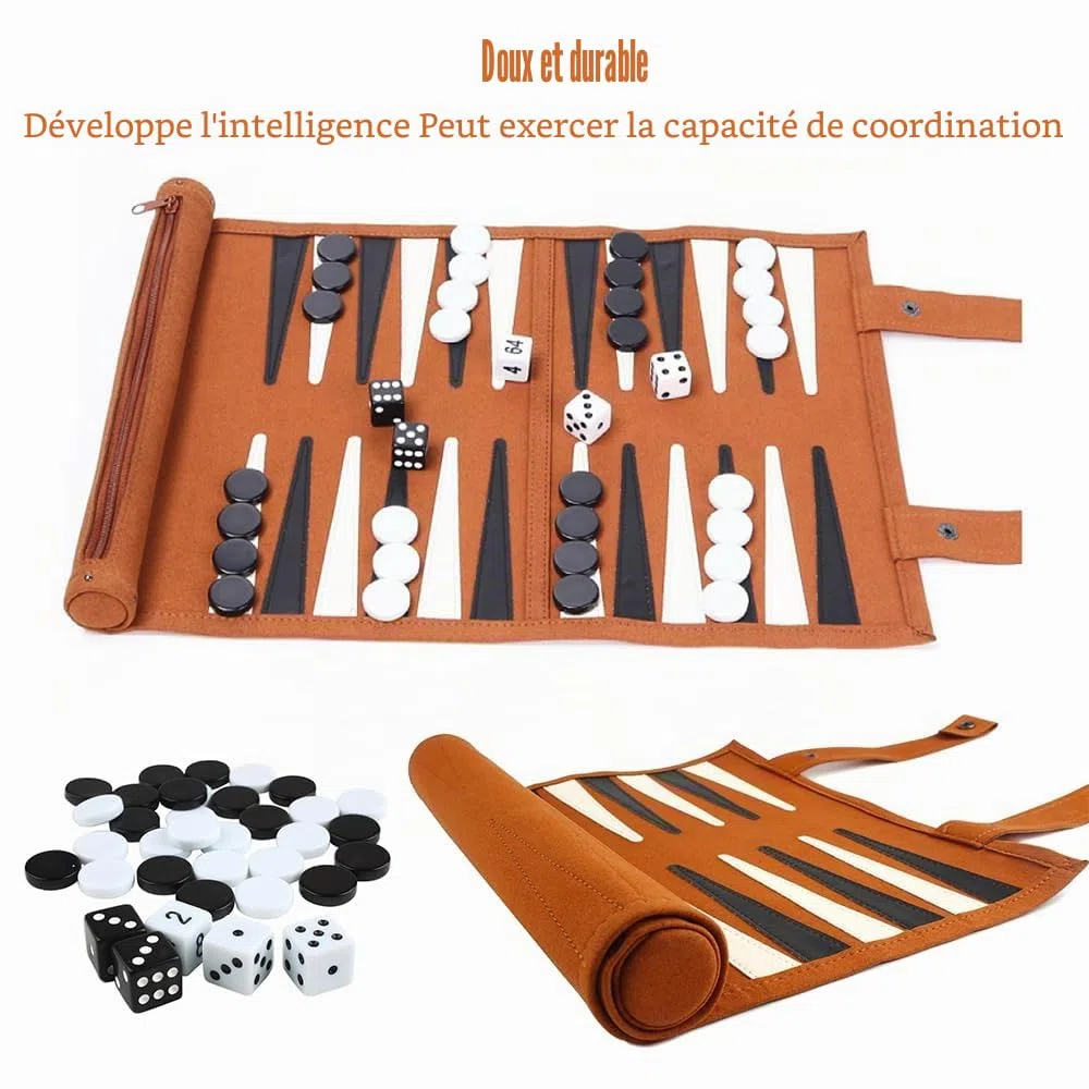 Backgammon, Backgammon Voyage, Back Gammon en Cuir Véritable, Portables Bagamon de Voyage pour Adultes et Enfant, Roulable pour Les Voyages et Les déplacements (25x35cm)