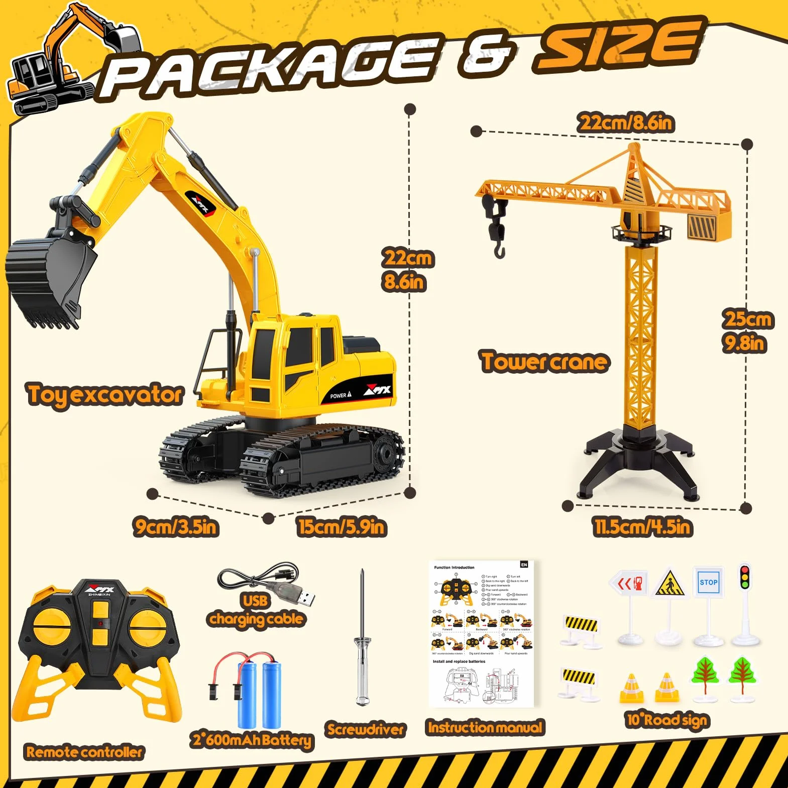 1:24 Pelleteuse Télécommandée pour Enfants 3-9 Ans, Camion Tractopelle Enfant Jouet 2.4GHz avec Grue et Accessoires (Barrières), Exterieur Jouet de Construction, Cadeau d'Anniversaire Noël Enfants
